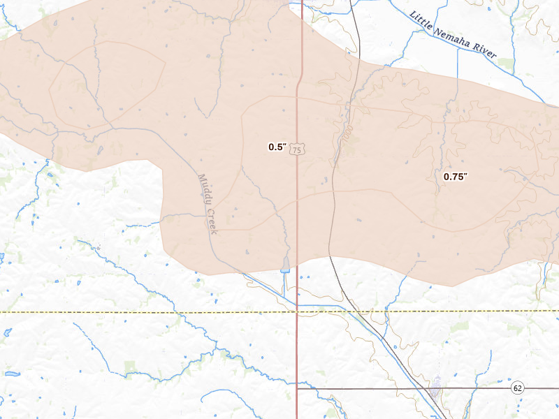 Radar-estimated hail-size map of the storm over Auburn, NE on Aug 19, 2026