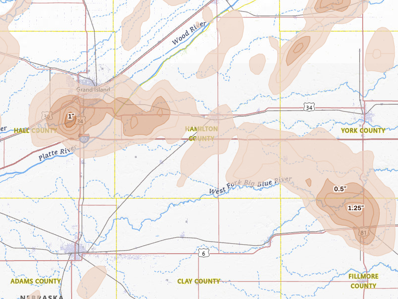 Radar-estimated hail-size map of the storm over Aurora, NE on May 16, 2026