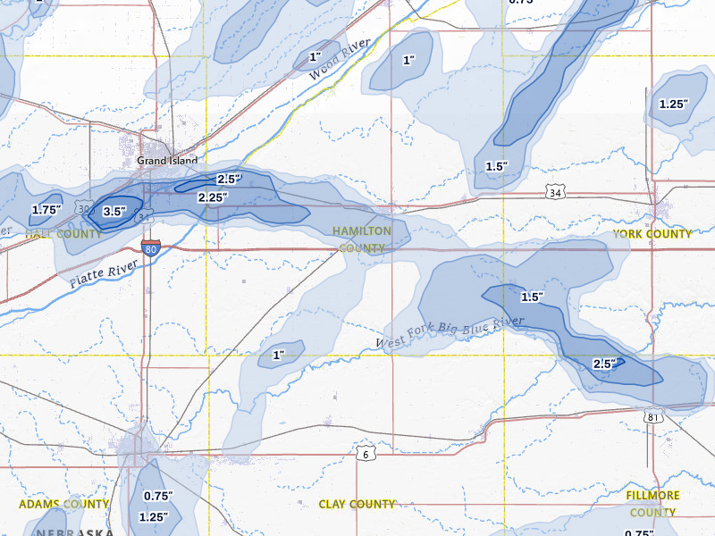 NEXRAD radar-signature map of the hail storm over Aurora, NE on May 16, 2026