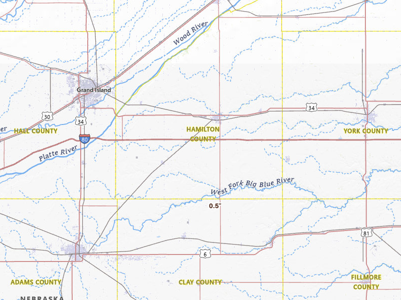 Radar-estimated hail-size map of the storm over Aurora, NE on May 31, 2026