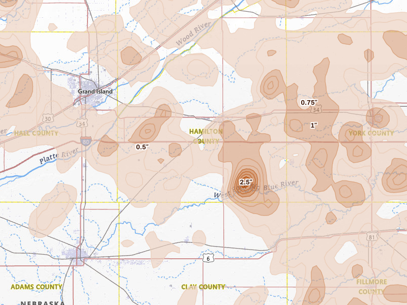Radar-estimated hail-size map of the storm over Aurora, NE on Jun 5, 2026