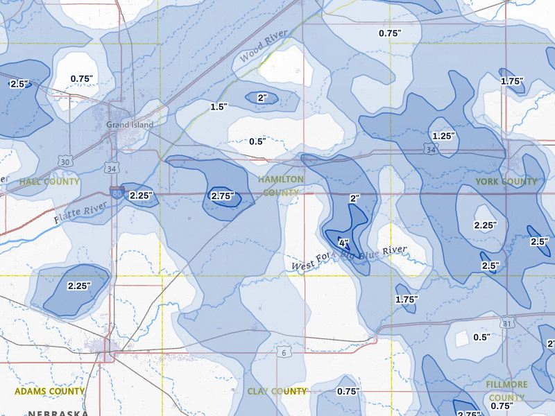 NEXRAD radar-signature map of the hail storm over Aurora, NE on Jun 5, 2026