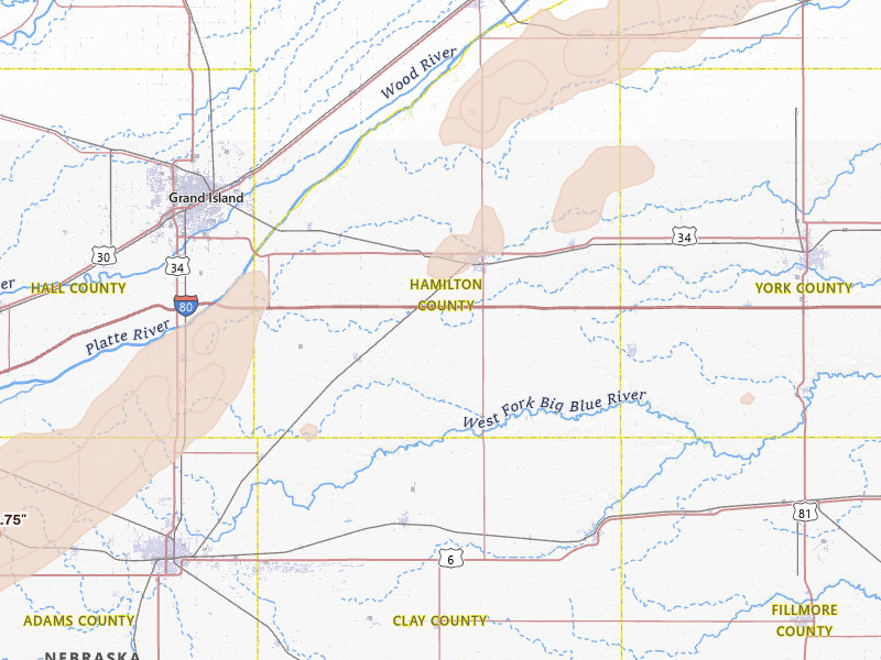 Radar-estimated hail-size map of the storm over Aurora, NE on Jun 9, 2026