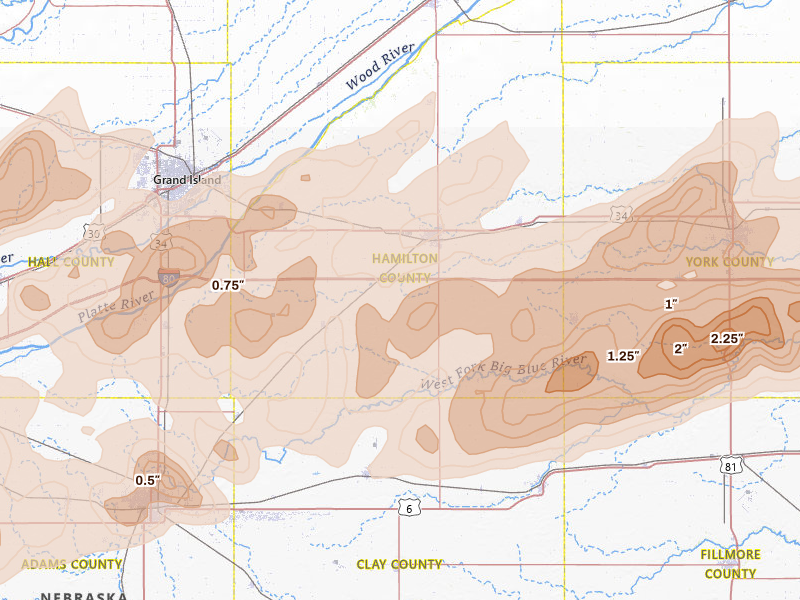 Radar-estimated hail-size map of the storm over Aurora, NE on Jun 10, 2026
