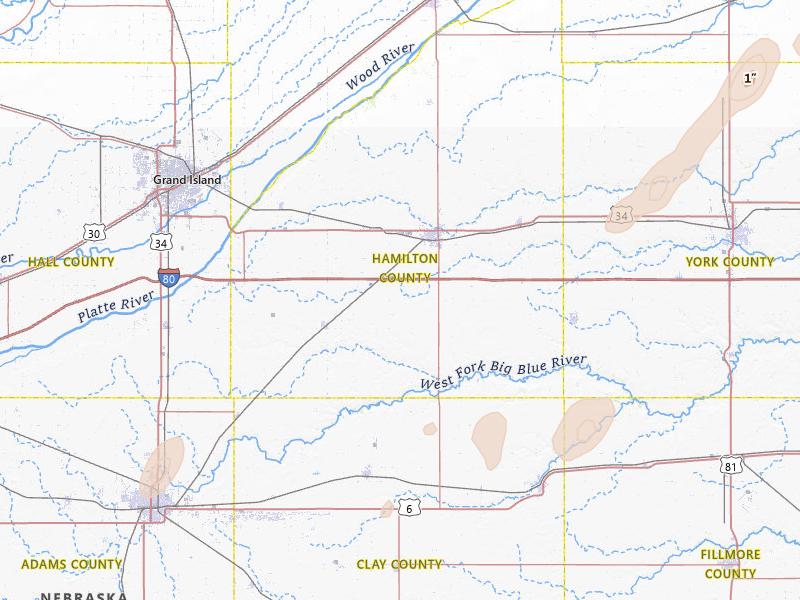Radar-estimated hail-size map of the storm over Aurora, NE on Jul 1, 2026