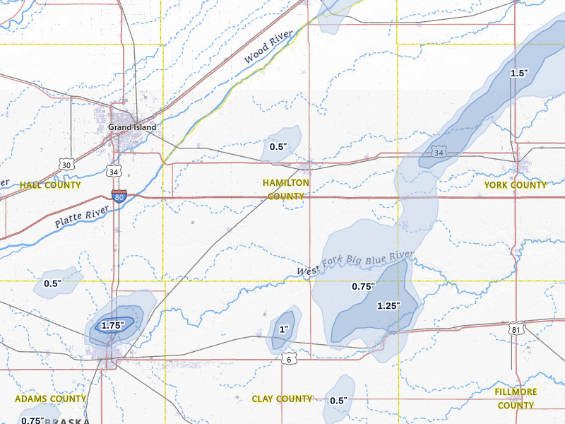 NEXRAD radar-signature map of the hail storm over Aurora, NE on Jul 1, 2026