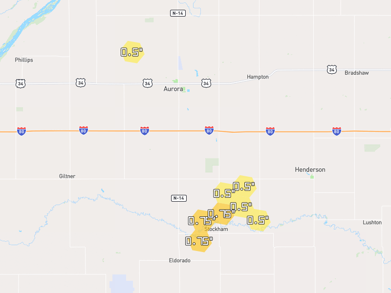 Hail map of Aurora, NE on Jul 2, 2026, hail up to 0.75"