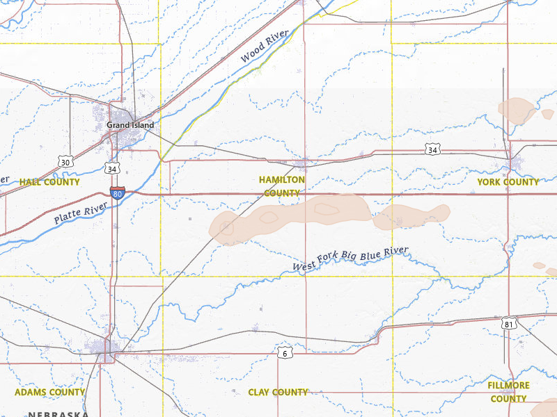 Radar-estimated hail-size map of the storm over Aurora, NE on Jul 3, 2026