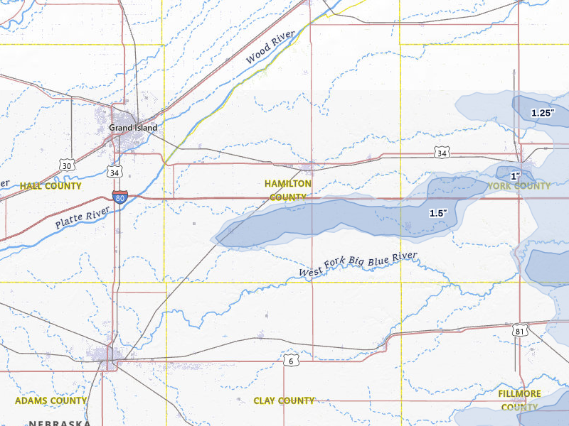 NEXRAD radar-signature map of the hail storm over Aurora, NE on Jul 3, 2026