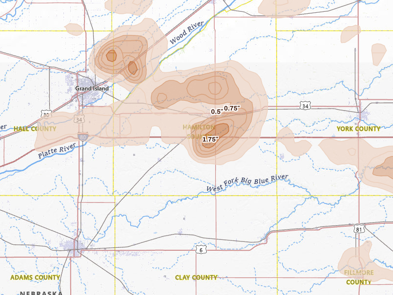 Radar-estimated hail-size map of the storm over Aurora, NE on Jul 8, 2026