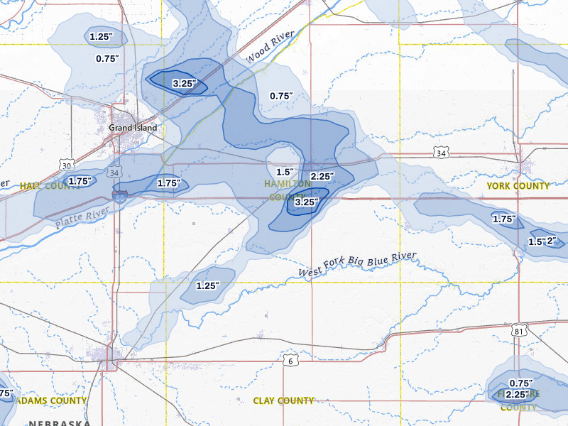 NEXRAD radar-signature map of the hail storm over Aurora, NE on Jul 8, 2026