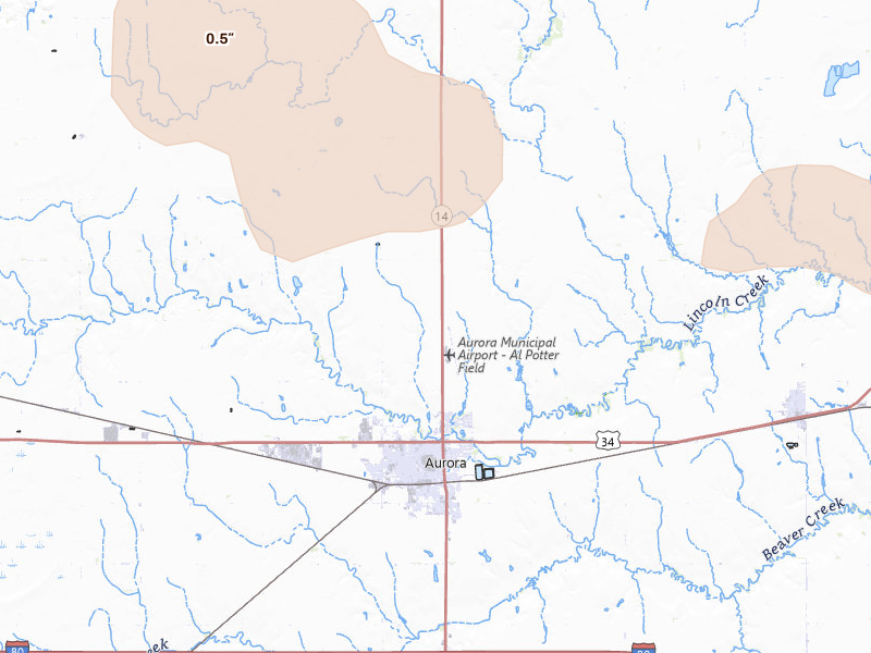 Radar-estimated hail-size map of the storm over Aurora, NE on Aug 8, 2026