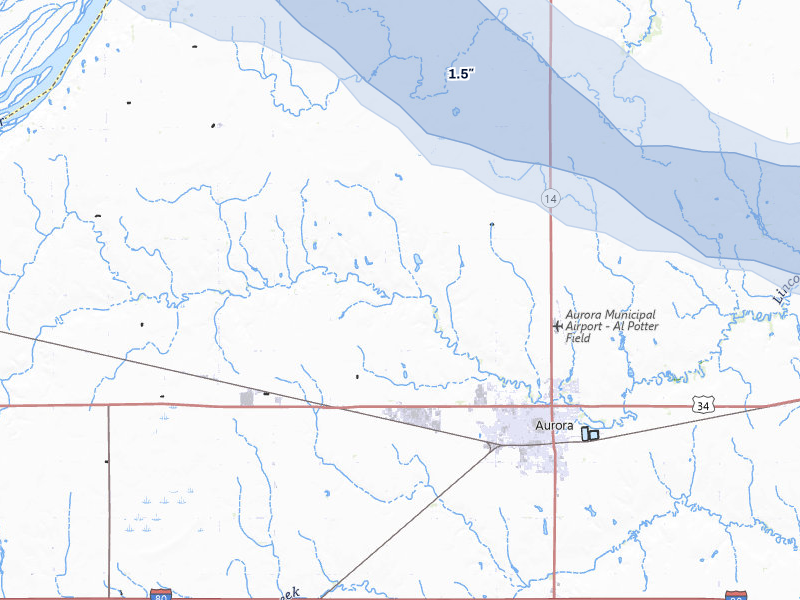 NEXRAD radar-signature map of the hail storm over Aurora, NE on Aug 8, 2026