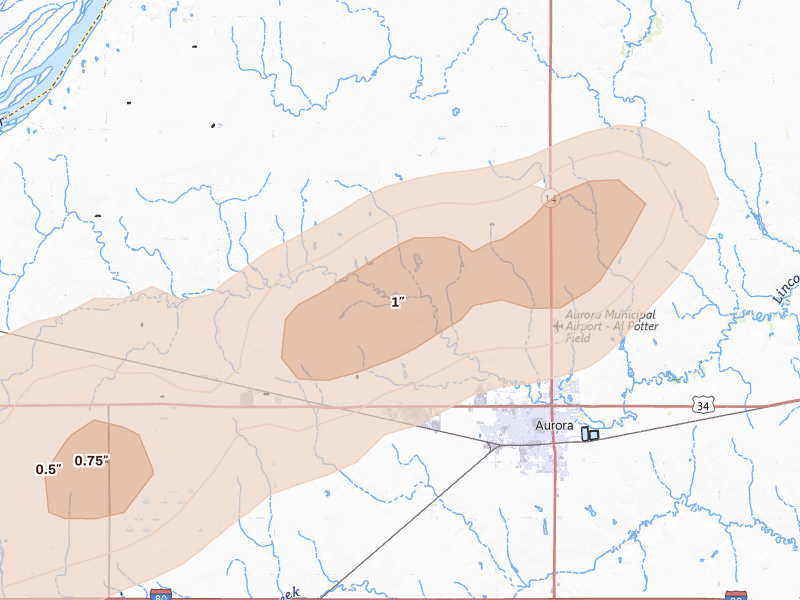 Radar-estimated hail-size map of the storm over Aurora, NE on Aug 19, 2026