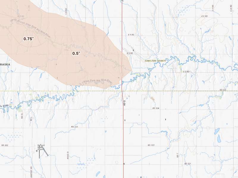 Radar-estimated hail-size map of the storm over Aurora, NE on Sep 11, 2026