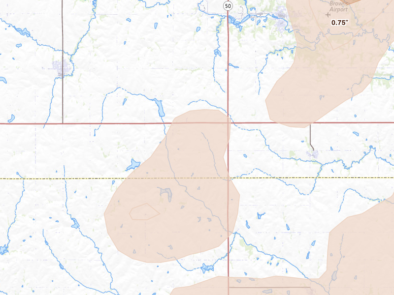 Radar-estimated hail-size map of the storm over Avoca, NE on Jun 5, 2026