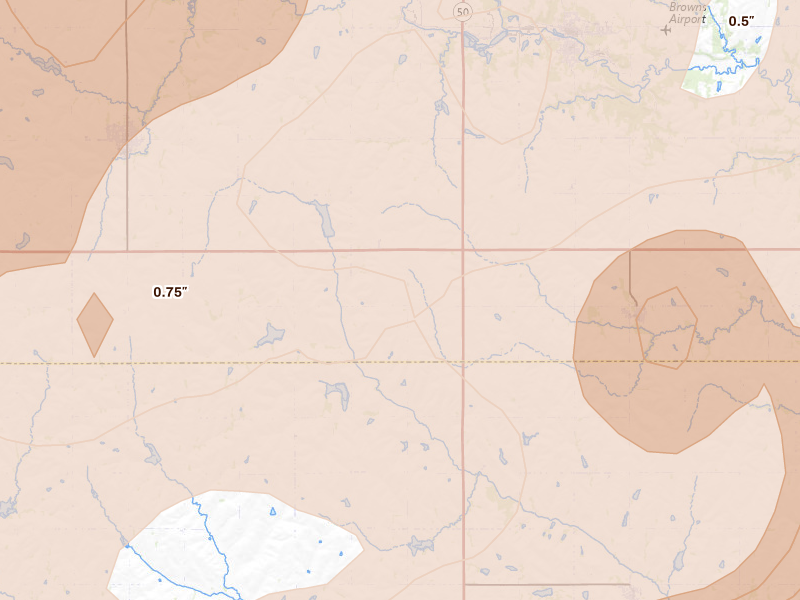 Radar-estimated hail-size map of the storm over Avoca, NE on Jun 10, 2026