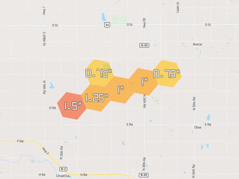 Hail map of Avoca, NE on Jul 3, 2026, hail up to 1.5"
