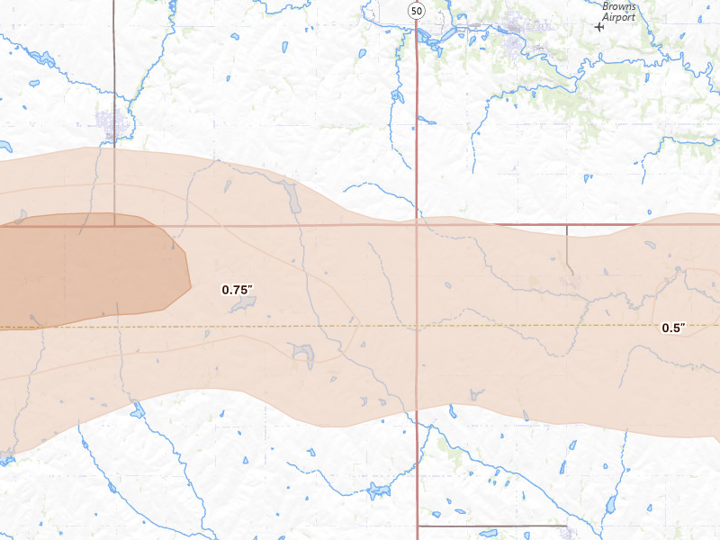 Radar-estimated hail-size map of the storm over Avoca, NE on Jul 27, 2026