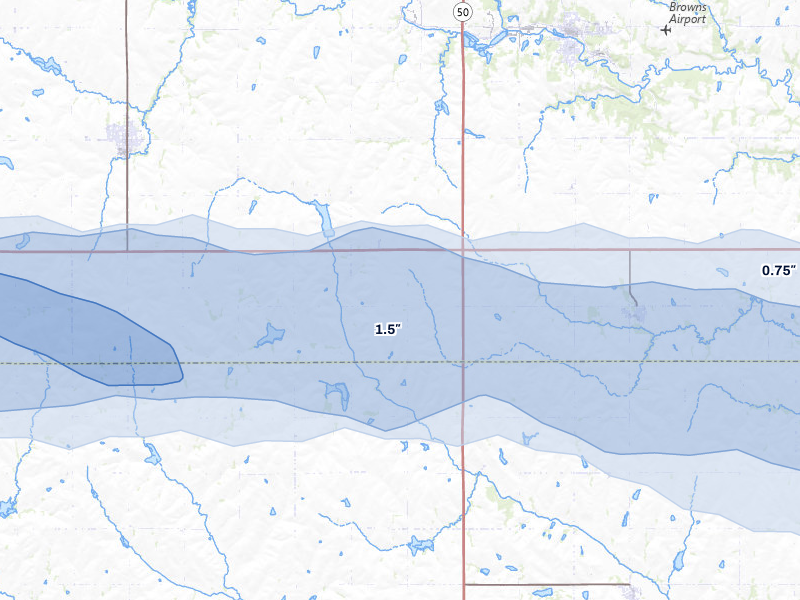 NEXRAD radar-signature map of the hail storm over Avoca, NE on Jul 27, 2026