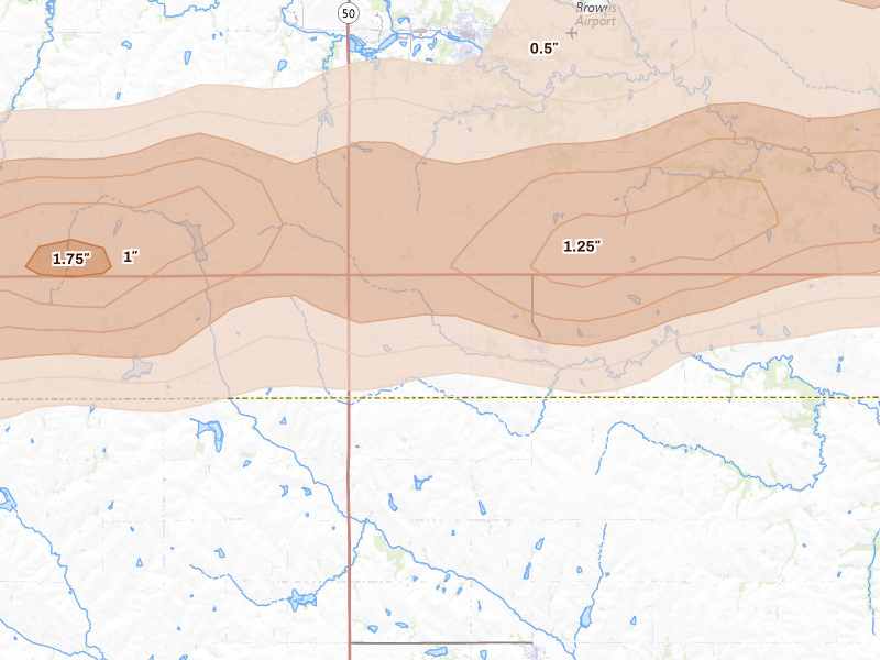 Radar-estimated hail-size map of the storm over Avoca, NE on Aug 4, 2026
