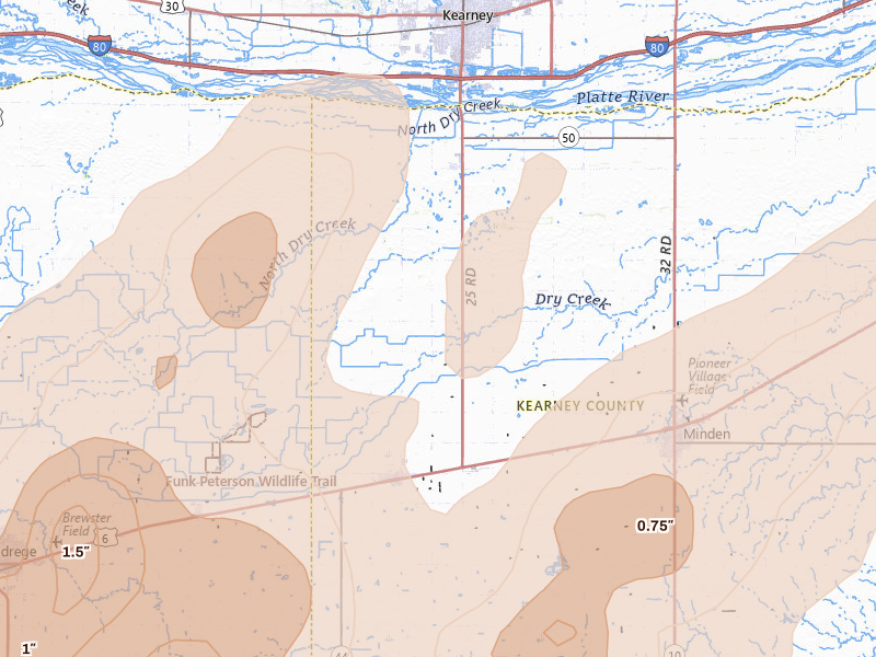 Radar-estimated hail-size map of the storm over Axtell, NE on Jun 9, 2026