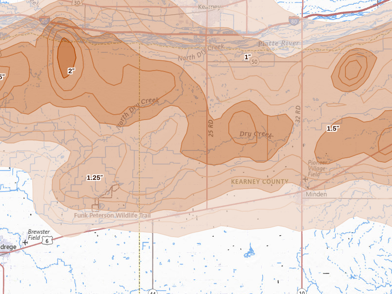 Radar-estimated hail-size map of the storm over Axtell, NE on Jun 10, 2026