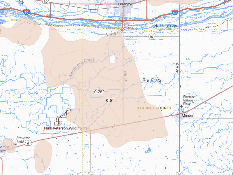 Radar-estimated hail-size map of the storm over Axtell, NE on Jul 30, 2026