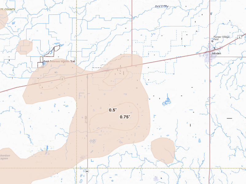 Radar-estimated hail-size map of the storm over Axtell, NE on Aug 13, 2026