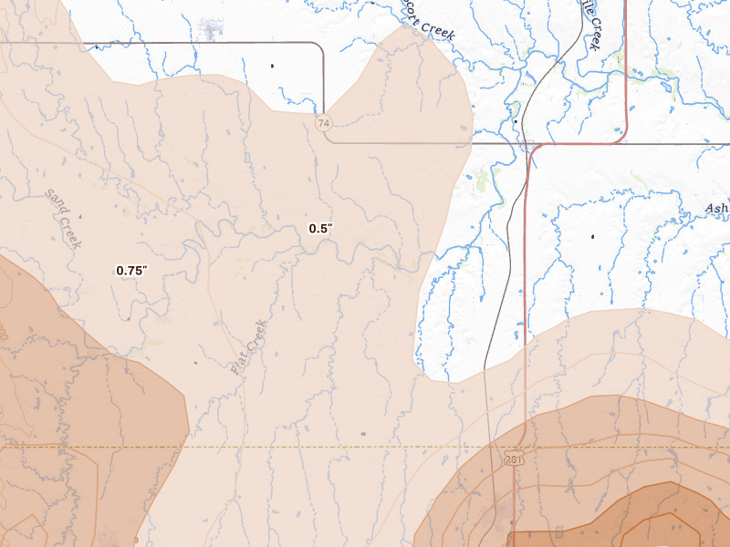 Radar-estimated hail-size map of the storm over Ayr, NE on May 16, 2026