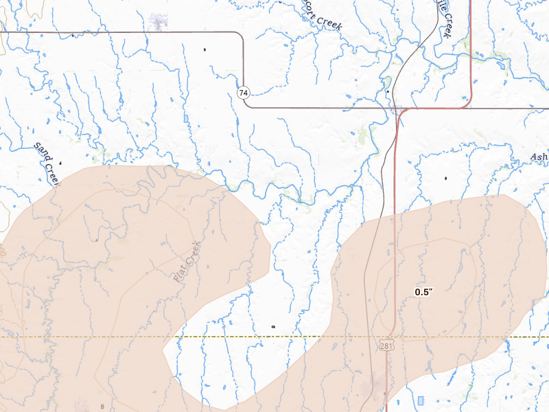 Radar-estimated hail-size map of the storm over Ayr, NE on Jul 8, 2026