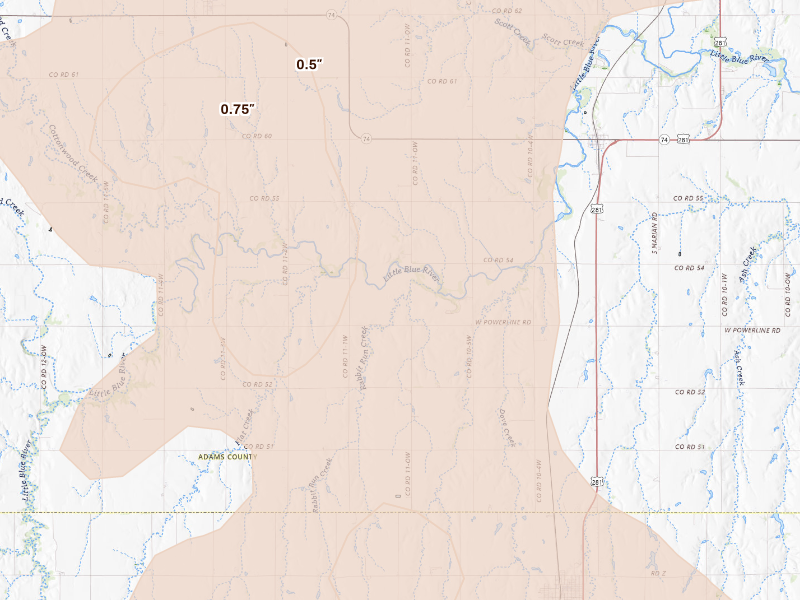 Radar-estimated hail-size map of the storm over Ayr, NE