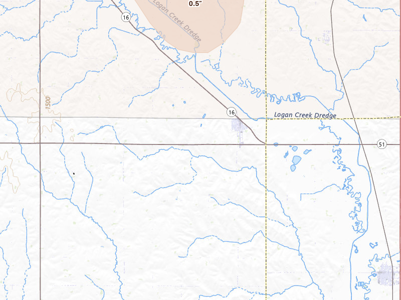 Radar-estimated hail-size map of the storm over Bancroft, NE on May 18, 2026