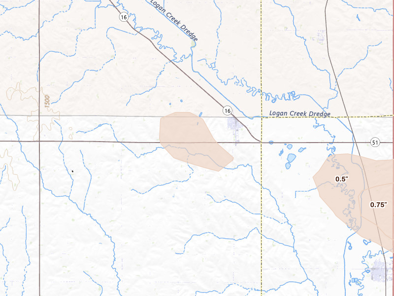 Radar-estimated hail-size map of the storm over Bancroft, NE on May 31, 2026