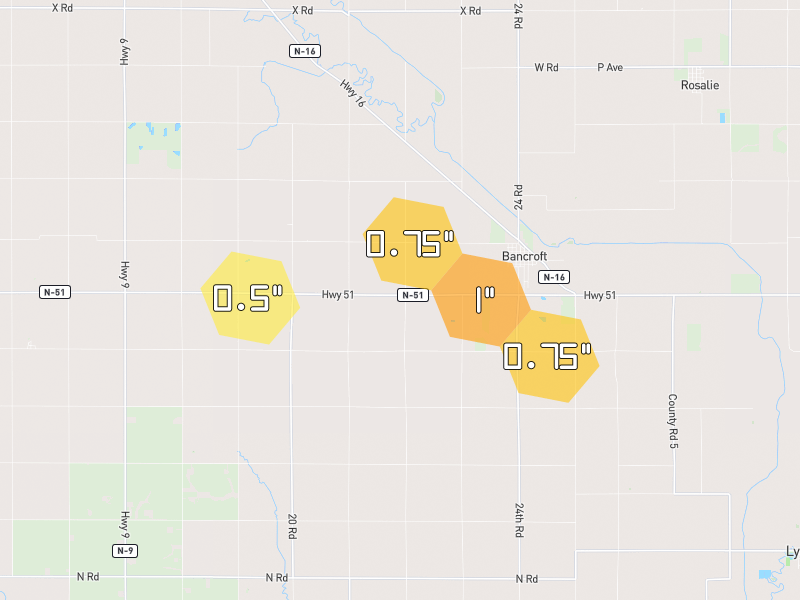 Hail map of Bancroft, NE on Jun 1, 2026, hail up to 1"