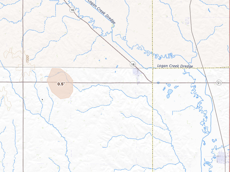Radar-estimated hail-size map of the storm over Bancroft, NE on Jul 2, 2026
