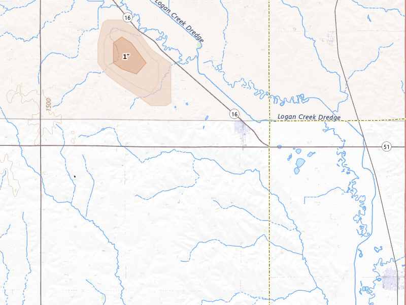 Radar-estimated hail-size map of the storm over Bancroft, NE on Jul 25, 2026