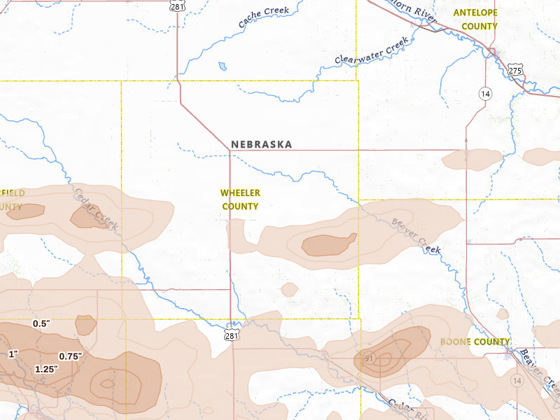 Radar-estimated hail-size map of the storm over Bartlett, NE on Jun 12, 2026