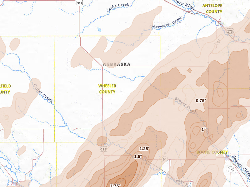 Radar-estimated hail-size map of the storm over Bartlett, NE on Jun 29, 2026