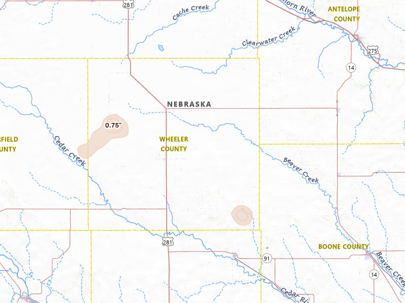 Radar-estimated hail-size map of the storm over Bartlett, NE on Jul 18, 2026