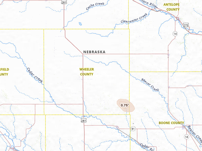 Radar-estimated hail-size map of the storm over Bartlett, NE on Jul 20, 2026