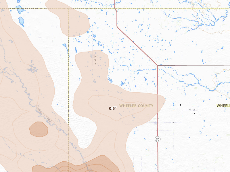 Radar-estimated hail-size map of the storm over Bartlett, NE on Aug 19, 2026