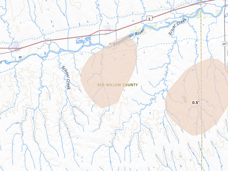 Radar-estimated hail-size map of the storm over Bartley, NE on Jun 8, 2026