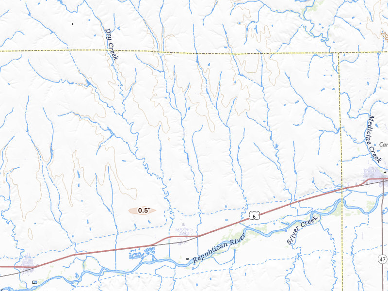 Radar-estimated hail-size map of the storm over Bartley, NE on Aug 8, 2026