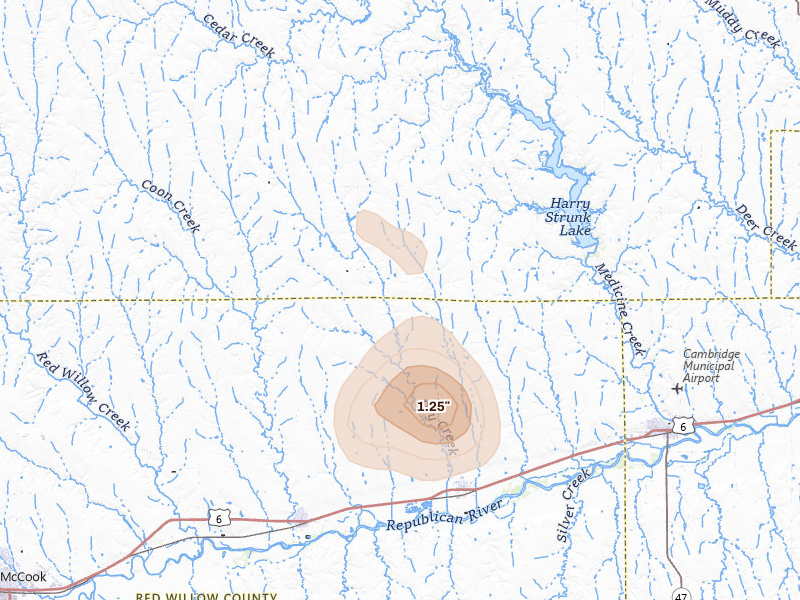 Radar-estimated hail-size map of the storm over Bartley, NE on Aug 13, 2026