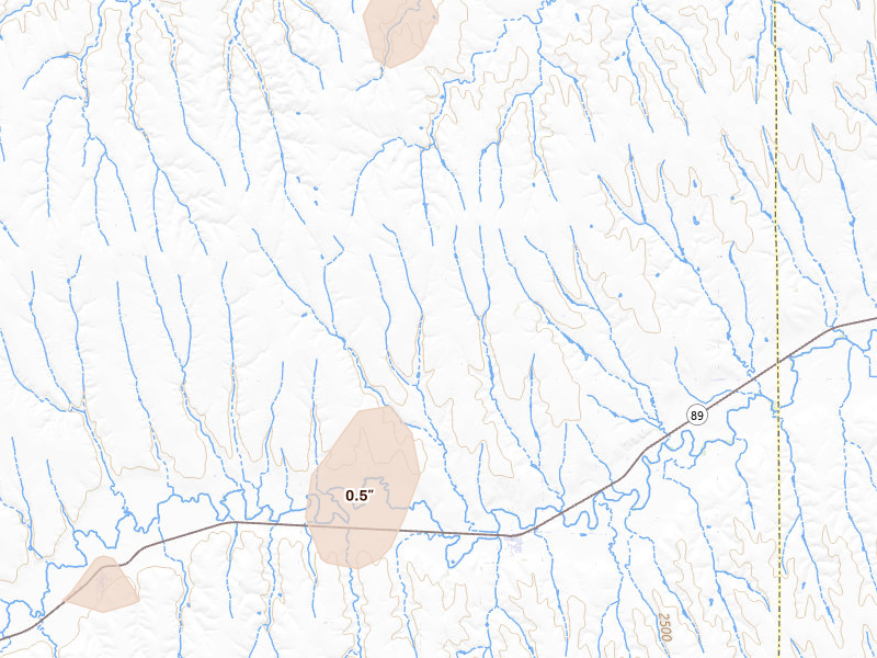 Radar-estimated hail-size map of the storm over Bartley, NE on Aug 14, 2026