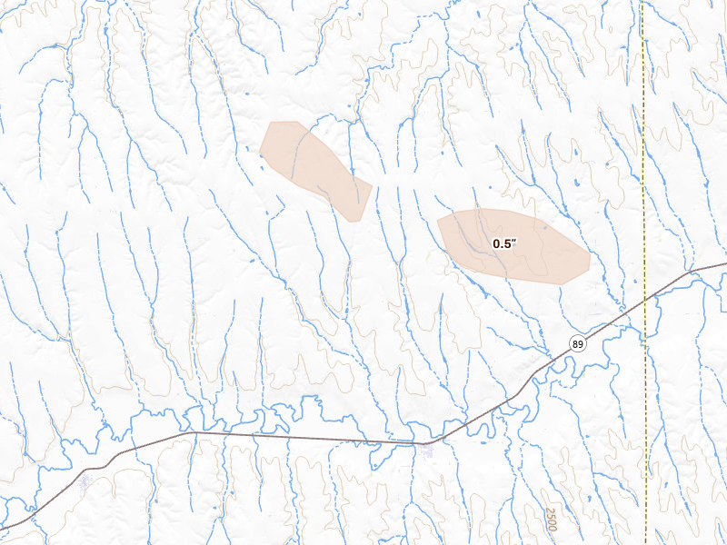 Radar-estimated hail-size map of the storm over Bartley, NE on Aug 19, 2026