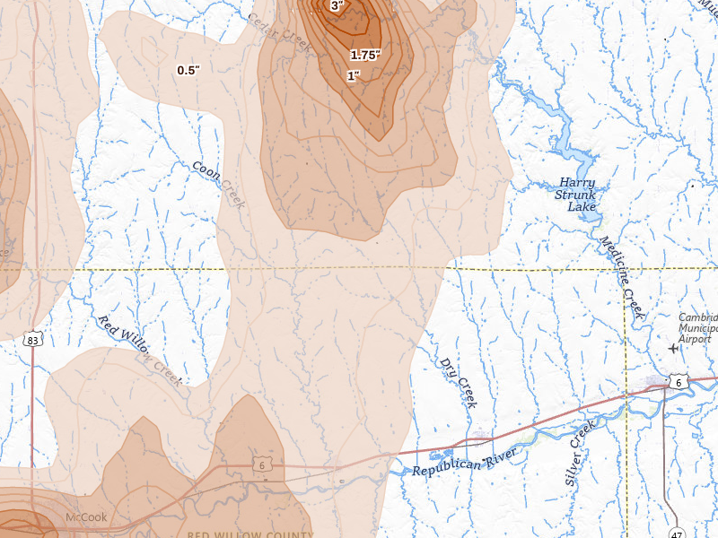 Radar-estimated hail-size map of the storm over Bartley, NE on Aug 20, 2026