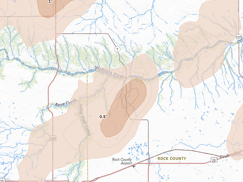 Radar-estimated hail-size map of the storm over Bassett, NE on May 17, 2026