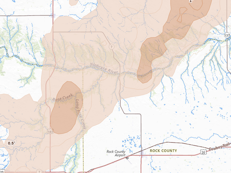 Radar-estimated hail-size map of the storm over Bassett, NE on Jun 30, 2026